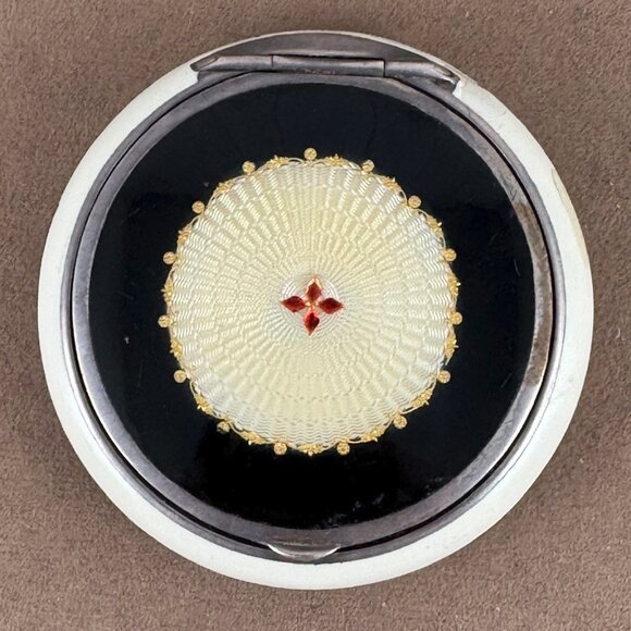 Vintage Art Deco Powder Compact Double Sided Black, White Gold, and a Red Motif